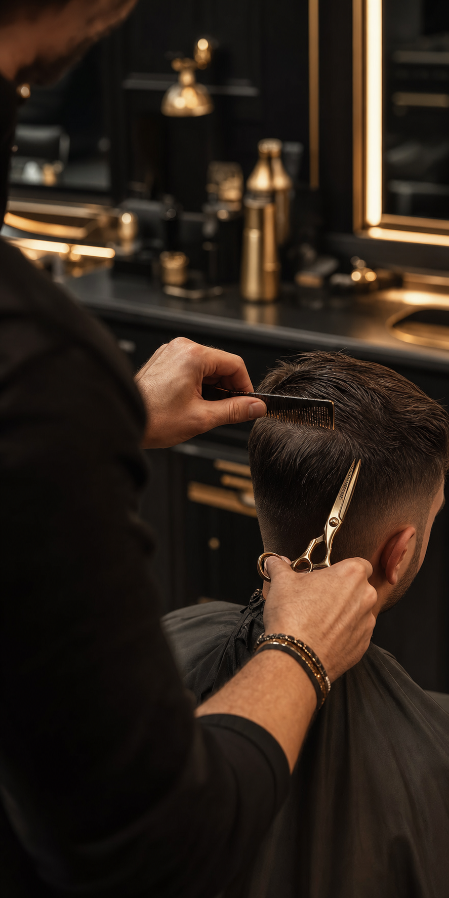 Stylist finishing a detailed haircut with scissors in a black and gold salon setting